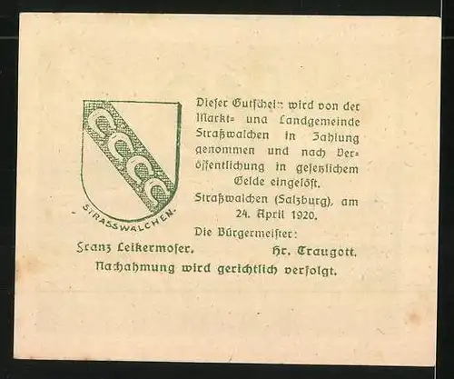 Notgeld Strasswalchen 1920, 10 Heller, Stadtwappen, Kriegerdenkmal und Kirche