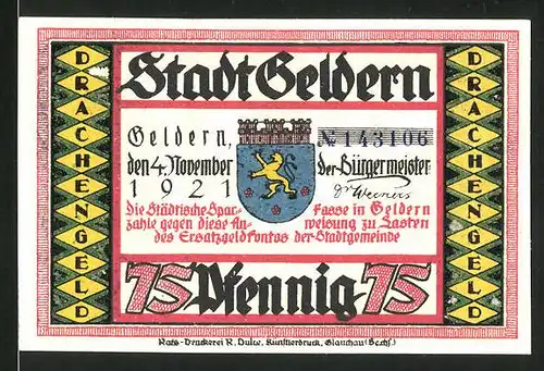 Notgeld Geldern 1921, 75 Pfennig, Krieger & Bauer sichten Drache in der Nähe der Ortschaft, Wappen