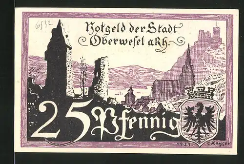 Notgeld Oberwesel am Rhein 1921, 25 Pfennig, Kapelle, Ortsansicht mit Stadtwappen