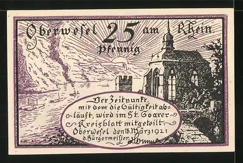 Notgeld Oberwesel am Rhein 1921, 25 Pfennig, Kapelle, Ortsansicht mit Stadtwappen