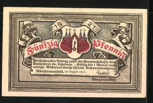 Notgeld Münstermaifeld 1921, 50 Pfennig, Stadtansicht und Stadtwappen