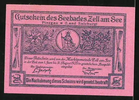Notgeld Seebad Zell am See 1920, 10 Heller, Seemotiv, Wappen