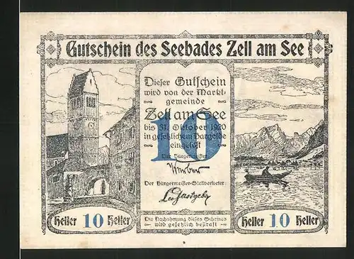 Notgeld Zell am See 1920, 10 Heller, Kirchturm und Seemotiv, Schloss Rosenberg
