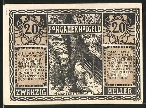 Notgeld St. Johann im Pongau 1920, 20 Heller, Lichtensteinklamm, Jägersmann in Tracht