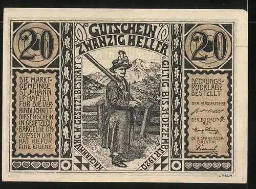 Notgeld St. Johann im Pongau 1920, 20 Heller, Lichtensteinklamm, Jägersmann in Tracht