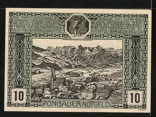 Notgeld St. Johann im Pongau 1920, 10 Heller, Stadtwappen und Ortsansicht, Rind und Pferd