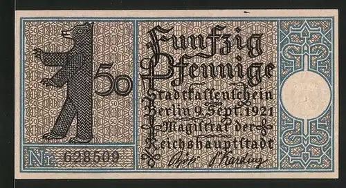 Notgeld Berlin 1921, 50 Pfennig, Berliner Bär und Stadtwappen, Gehöft in Pankow um 1770