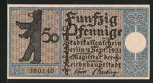 Notgeld Berlin 1921, 50 Pfennig, Berliner Bär und Stadtwappen, Lichtenberg um 1790