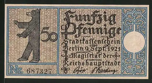 Notgeld Berlin 1921, 50 Pfennig, Stadtwappen und Berliner Bär, Gasthaus in Treptow 1820