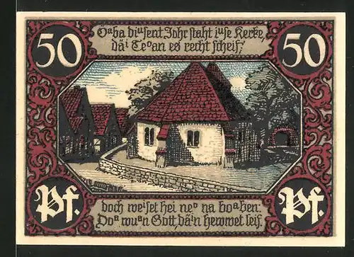 Notgeld Eisbergen an der Weser 1921, 50 Pfennig, Bauer in Tracht, alte Kapelle