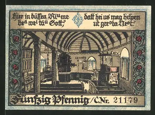 Notgeld Eisbergen an der Weser 1921, 50 Pfennig, Bäuerin in Tracht, Innenansicht der Kirche