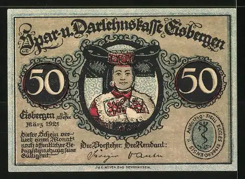 Notgeld Eisbergen an der Weser 1921, 50 Pfennig, Bäuerin in Tracht, Innenansicht der Kirche