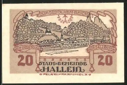 Notgeld Hallein 1920, 20 Heller, Ortsansicht, Salzburger Tor und Gollinger Tor