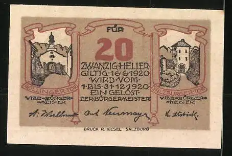 Notgeld Hallein 1920, 20 Heller, Ortsansicht, Salzburger Tor und Gollinger Tor