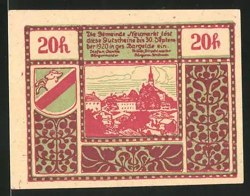 Notgeld Neumarkt am Wallersee 1920, 20 Heller, Schanzbogen, Ortsansicht