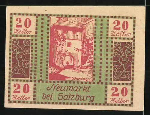 Notgeld Neumarkt am Wallersee 1920, 20 Heller, Schanzbogen, Ortsansicht