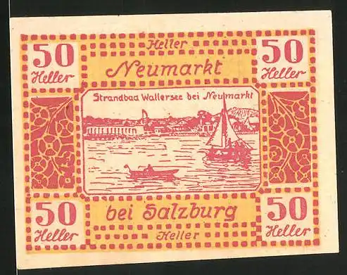 Notgeld Neumarkt am Wallersee 1920, 50 Heller, Strandbad Wallersee, Ortsansicht