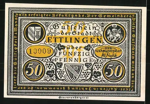 Notgeld Ettlingen 1921, 50 Pfennig, Stadtwappen, Gerichtsverfahren