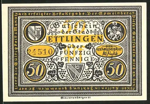 Notgeld Ettlingen 1921, 50 Pfennig, Stadtwappen, Gerichtsverfahren