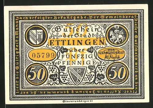 Notgeld Ettlingen 1921, 50 Pfennig, Stadtwappen, Gerichtsverfahren