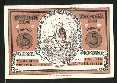 Notgeld Gifhorn 1921, 5 Pfennig, Bauer sitzt auf Geldsack, Pflug und Amboss