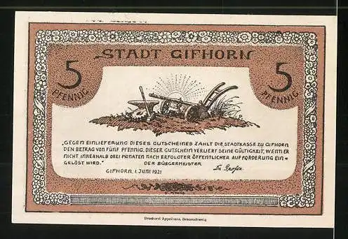 Notgeld Gifhorn 1921, 5 Pfennig, Bauer sitzt auf Geldsack, Pflug und Amboss