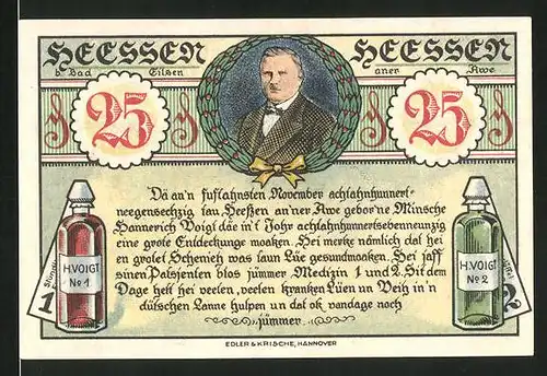 Notgeld Heessen an der Aue 1921, 25 Pfennig, Wirkungsstätte des Wunder-Doktors, Porträt von Dr. Voigt