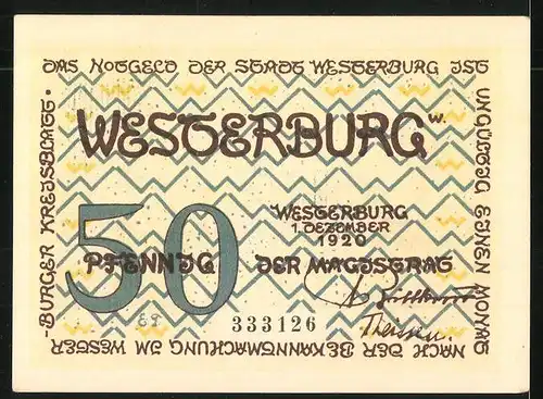 Notgeld Westerburg 1920, 50 Pfennig, Stadtwappen und Hallenkirche