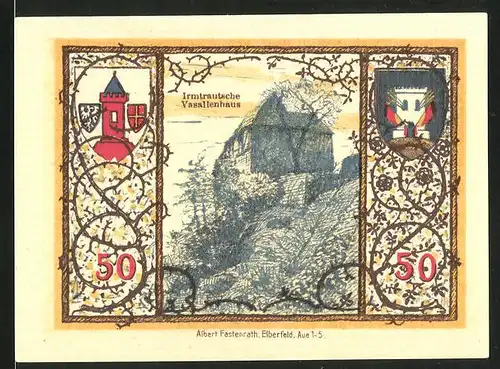 Notgeld Westerburg 1920, 50 Pfennig, Irmtrautsches Vasallenhaus und Stadtwappen