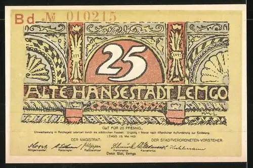 Notgeld Lemgo 1921, 25 Pfennig, Stadtansicht