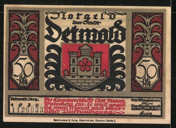 Notgeld Detmold Lippe 1920 50 Pfennig Stadtwappen Die Germanen Nach Der Siegreichen Schlacht Nr 8314932 Oldthing Notgeldscheine Westfalen
