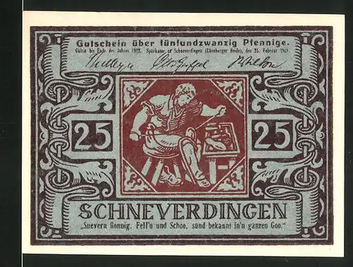 Notgeld Schneverdingen 1921, 25 Pfennig, Ornamente, Schuster bei der Arbeit