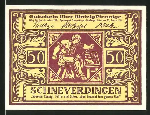 Notgeld Schneverdingen 1921, 50 Pfennig, Schuhmacher bei der Arbeit