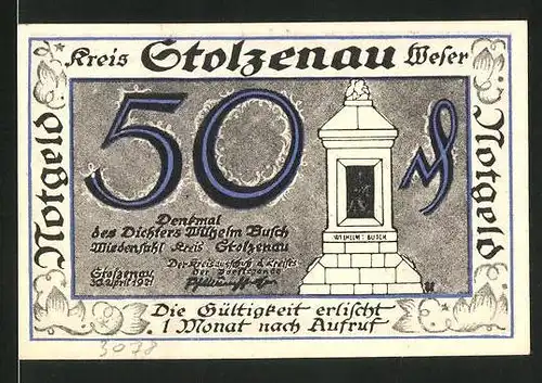 Notgeld Stolzenau 1921, 50 Pfennig, Mann trinkt Wein, Wilhelm Busch Denkmal
