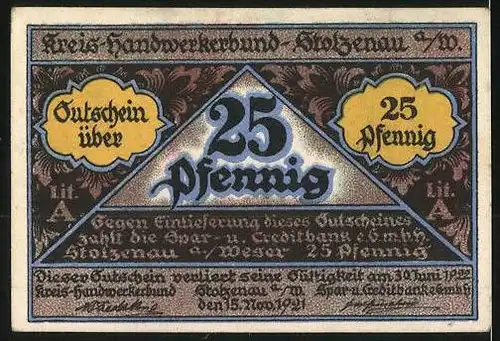 Notgeld Stolzenau an der Weser 1921, 25 Pfennig, Gildewappen und Schneider