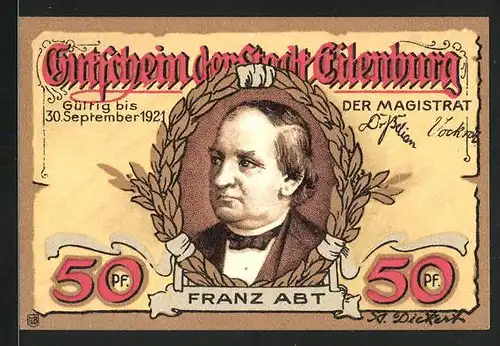 Notgeld Eilenburg 1921, 50 Pfennig, Porträt Franz Abt, Bergstrasse