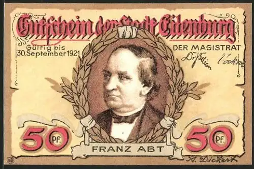 Notgeld Eilenburg 1921, 50 Pfennig, Porträt Franz Abt, Denkmal Franz Abt