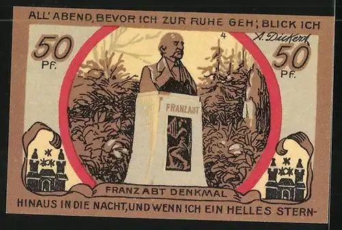 Notgeld Eilenburg 1921, 50 Pfennig, Porträt Franz Abt, Denkmal Franz Abt