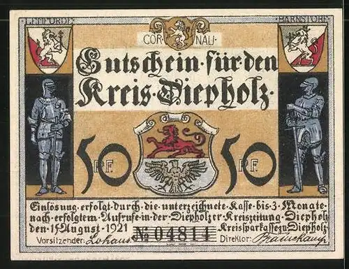 Notgeld Diepholz 1921, 50 Pfennig, Lemförde anno 1621, Ritter und Stadtwappen