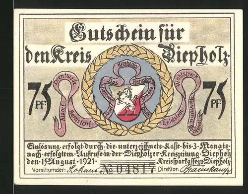 Notgeld Diepholz 1921, 75 Pfennig, Stadtwappen, Kirche