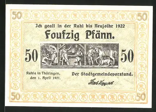 Notgeld Ruhla in Thüringen 1921, 50 Pfennig, Schmiede, Vieh auf Hauptstrasse