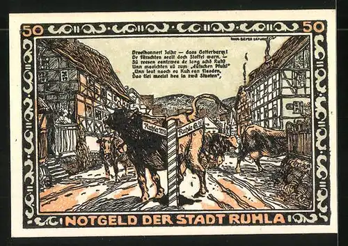 Notgeld Ruhla in Thüringen 1921, 50 Pfennig, Schmiede, Vieh auf Hauptstrasse