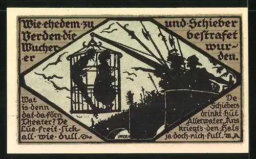 Notgeld Verden (Aller) 1921, 50 Pfennig, Ortsmotiv und Stadtwappen, Bestrafung der Schieber