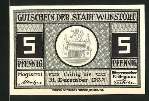 Notgeld Wunstorf 1922, 5 Pfennig, Stadtwappen, altes Rathaus