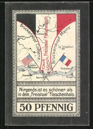 Notgeld Lorch im Rheingau 1921, 50 Pfennig, Stadtwappen und Ortsmotiv, der Freistaat Flaschenhals