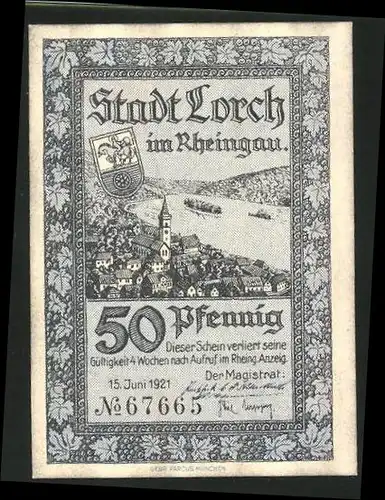 Notgeld Lorch im Rheingau 1921, 50 Pfennig, Stadtwappen und Ortsmotiv, der Freistaat Flaschenhals