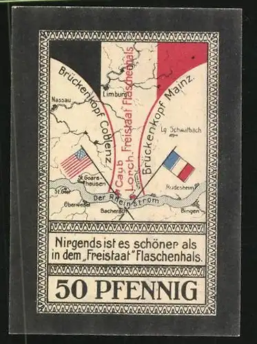 Notgeld Lorch im Rheingau 1921, 50 Pfennig, Stadtwappen und Ortsmotiv, der Freistaat Flaschenhals