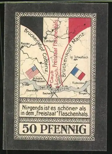 Notgeld Lorch im Rheingau 1921, 50 Pfennig, Stadtwappen und Ortsmotiv, der Freistaat Flaschenhals