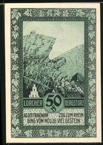 Notgeld Lorch im Rheingau 1921, 50 Pfennig, Stadtwappen und Ortsmotiv, Lorcher Bergsturz