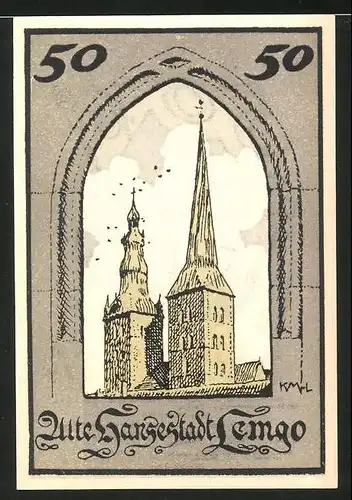 Notgeld Lemgo 1921, 50 Pfennig, Kirchtürme, Stadtwappen